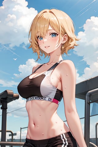 at outdoor gym, blue eye, hair over one eye, covered eye, blonde hair, perfect hands, short hair,SportAi, blush, smile, closed mouth, sweat, sweatdrop, large breasts, breasts,navel, cleavage, thighs, shorts, midriff, stomach, crop top, short shorts, black shorts, clothes writing, sports bra, dolphin shorts,upper body, looking at viewer, jumping