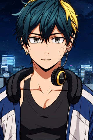 anime style boy, his skin is crowded, brown eyes, he is turning towards the camera, he has headphones on, he has two earrings in the same ear, his hair is black and blue, his hair falls over his forehead, he has a white tank top underneath of a blue jacket with a very worn hat, behind him there is a city at night but illuminated.