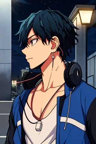 anime style boy, brown eyes, he is looking back, he has headphones on, his hair is black and blue, his hair falls over his forehead, he has a white tank top under a very worn blue jacket, behind him there is a city ​​at night but illuminated.