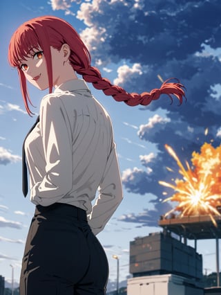 score_9,score_8_up,score_7_up,score_6_up, masterpiece, best quality, 8k, 8k UHD, ultra-high resolution, ultra-high definition, highres
,//Character, 
1girl, solo,makima_v1, red hair, ringed eyes, braided ponytail
,//Fashion, 
black necktie, shirt, collared shirt, black_pants
,//Background, white_background
,//Others, ,Expressiveh,ArtoriaPendragon, explosion, back view, looking at viewer, looking back, fang