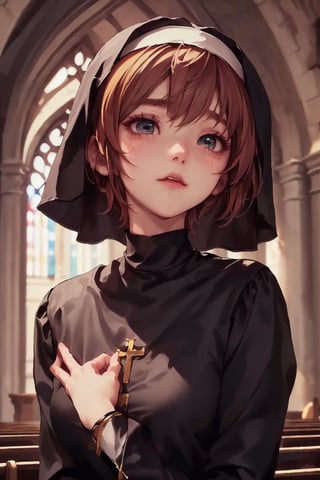 1girl, cute, st3llarlilly, teary-eyed, short hair,nun_clothing,  pray, exposed_face, church