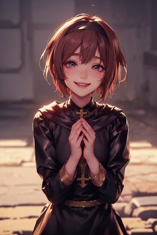 1girl, cute, st3llarlilly, teary-eyed, short hair,nun_clothing,  pray, exposed_face, smiling