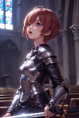 1girl, cute, st3llarlilly,serious expression, short hair,holy_knight, whole-length , church,have to sword