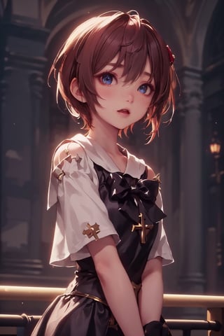 1girl, cute, st3llarlilly,serious expression, short hair,holy_knight, whole-length , church,
have to long bow, piercing eyes