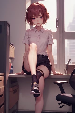 1girl, cute, st3llarlilly, sad_face, short hair,  office_lady, legs_spread