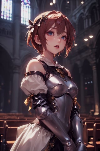 1girl, cute, st3llarlilly,serious expression, short hair,holy_knight, whole-length , church,
have to long bow, piercing eyes, put_on_basinet