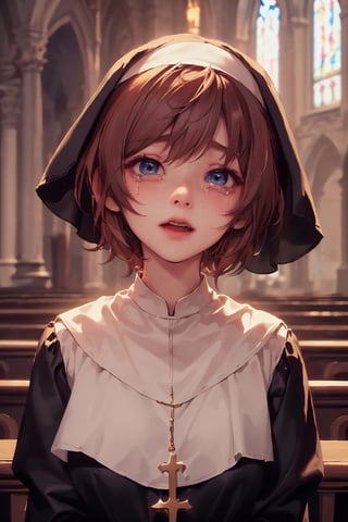 1girl, cute, st3llarlilly, crying_tears, short hair,nun_clothing,  pray, exposed_face, church