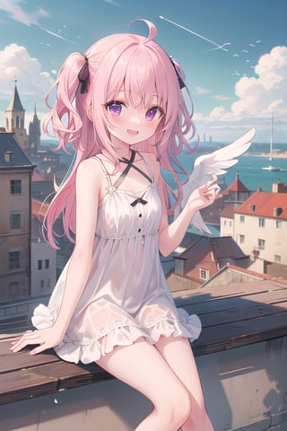 ((best quality)),(sks girl:1.2),((angel)),wing,background beautiful medieval port town cityscape,sitting on the roof,(two side up middle hair of pink color and purple eyes),(ahoge),(simple white dress),white frill,[[[smile]]],[close mouth],flat chest,flowers in the sky,Artistic oil painting by a craftsman of pale colors. Soft focus, soft shadows, and depth of field effects. Top rated in the art world.
