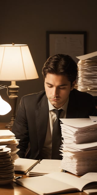 A clever individual sits alone at a cluttered desk, surrounded by piles of papers and empty coffee cups. The dimly lit room is filled with the soft glow of a single desk lamp, casting long shadows across their face. With a look of intense focus, they scribble away in a notebook, highlighting the importance of finding loopholes.