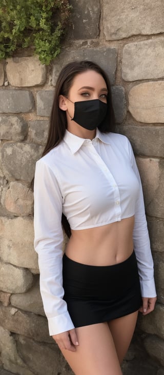 AJ Applegate wears a black-framed gakuran with collared. She gazes down at a bulletin board, her brown eyes focused on the poster. Black hair falls to her shoulders, and she sports a surgical mask and unworn eyewear. Her long sleeves are rolled up, revealing a white shirt beneath. A stone wall forms the backdrop, with a stick lying nearby. The scene is bathed in warm daylight, casting a comforting shadow.
