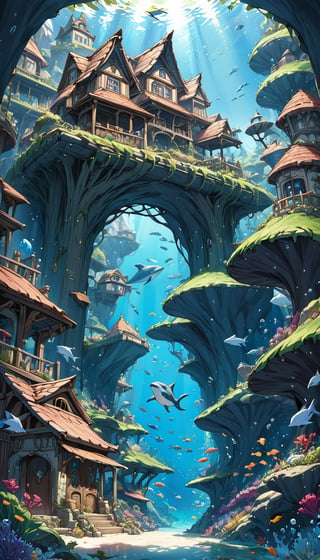(best quality), ((masterpiece)), (highres), illustration, original, extremely detailed,
Underwater,mermaid village,fantasy, fish,dnd,dolphin