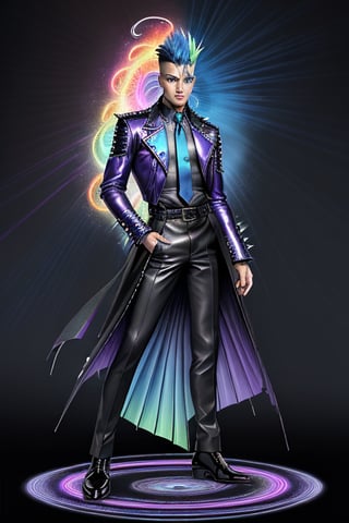 Peacock Punk, New Wave wizard with cosmic powers. Multi-colored energy emitted from his hands. Masculine male; tall, strong, fit, lithe but muscular. Short black hair, Mohawk fade hairstyle with spiky blue and purple highlights. Strong brow and chin, handsome face with silver eyes, neon make-up.  Shiny metallic dark blue trenchcoat . Black long sleeved shirt with metallic blue tie. Black leather studded belt around his waist. Pleated black pants with rainbow lines in various swirly patterns. Black leather dress shoes. Full body pose, trenchcoat blown open by wind. 