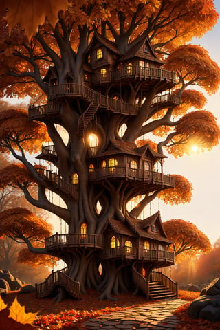 Elaborate tree house, fantasy lighting, architectural, autumn leaves, beautiful evening sunlight, golden hour