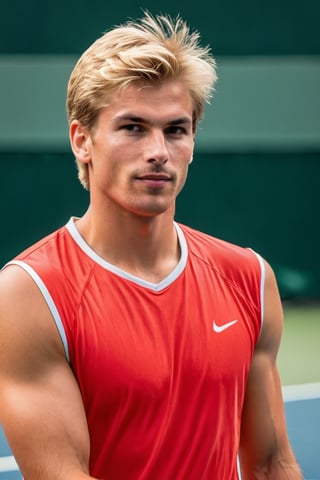 ultra realistic photo of young male tennis player, short blonde hair, athletic body, 80’s heartthrob, 4k hdr, sharp focus, highly detailed, toned arms