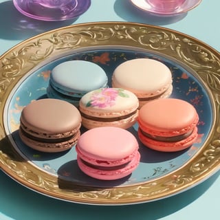 close-up, double exposure, vibrant colors, Studio Ghibli, highly detailed, ((plate of macarons)), magical, fantasy , high tea
