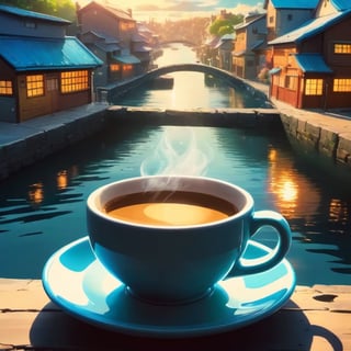 close-up, double exposure, vibrant colors, Studio Ghibli, highly detailed, magical fantasy town background, morning light, ((coffee cup)), coffee beans