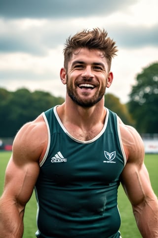 ultra realistic photo of scruffy college male rugby player on rugby field, dirty, muscular, toned arms, sleeveless top, 4k hdr, sharp focus, highly detailed, happy
