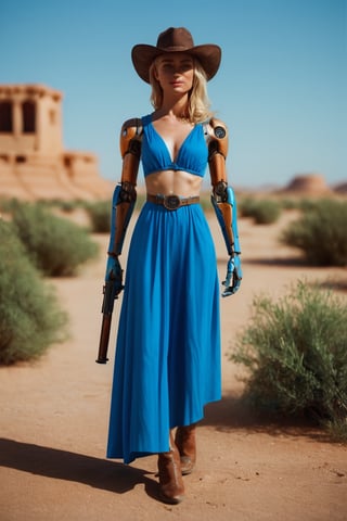  score_9, score_8_up,score_7_up, realistic, 1woman, beautiful light, high quality, ((android)), , old western town, desert, sunny, highly detailed, slender, (((cybernetic robot))), wearing cowboy hat, realistic eyes, full body, realistic face, beautiful blonde woman, (android waist), female face, arms, holding shotgun, wearing long flowing ((blue dress))