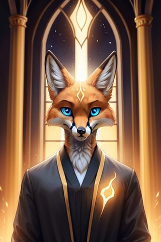 Best quality, highly detailed, single person, portrait, sci-fi, anthropomorphic fox, male, fox person, fox man, tall, slender build, skinny, blue eyes, solid colored eyes, colored sclera, colored iris, alien eyes, orange fur, fox head, well drawn fox head, fox ears, fox tail, wearing academic regalia, fully clothed, robes, in ornate room, glowing aura, glow around head, purple glow, psionics
