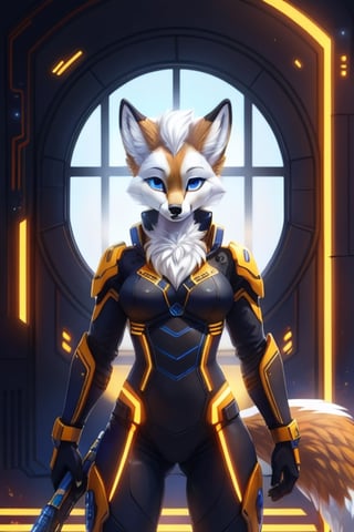Best quality, highly detailed, single person, full body shot, sci-fi, anthropomorphic fox, arctic fox, white fox, female, fox person, fox woman, tall, sexy, hourglass build, blue eyes, solid colored eyes, colored sclera, colored iris, white fur, well drawn face, fox head, well drawn fox head, fox ears, fox tail, medium length hair, wavy hair, white hair, wearing bodysuit, spaceship, garden hydroponic garden, reaching out, touching flower, runes. glowing runes, sci fi setting, science fantasy