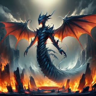 A dark, ominous figure looms in the foreground, the demon king's twisted face illuminated by a flickering torch. Shadows dance across his scaly skin as he surveys his domain, a desolate landscape of burning ruins and smoldering lava flows. His massive wings spread wide, casting long, eerie silhouettes across the scorched earth.,thigh,DonM3l3m3nt4l,leviathandef