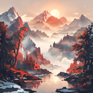 A serene landscape depicts a majestic mountain, its snow-capped peak stretching towards the sky as the sun casts a warm glow upon its rugged terrain. The surrounding trees stand tall, their leaves rustling softly in the gentle breeze, while the misty valley below adds depth to this breathtaking scene.,xyzabcwalls,shan