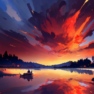 A stunning sunset landscape with a breathtakingly beautiful sky ablaze in hues of crimson and amber, as if infused with the lifeblood of the earth. In the foreground, a serene lake's calm surface reflects the vibrant colors above, creating a sense of harmony between nature's fiery display and the tranquil water's edge.,redmoonreindeer,EpicSky,sky lantern,Storm_Atronach,battle through the heavens ,Fight to Break the Sky,ayaka_genshin,portrait