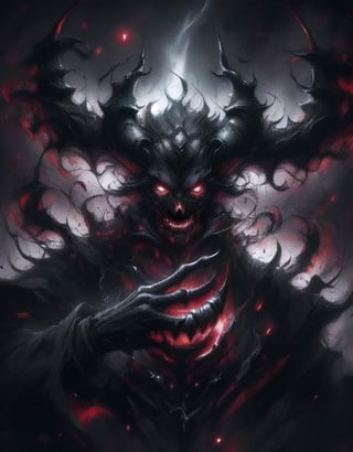 A dark, ominous castle looms in the misty background as the Devil King sits atop a throne of twisted black iron, his piercing red eyes glowing with malevolent intent. His horns curve upwards like scimitars, and his sharp teeth seem to gleam with anticipation. The air is heavy with the scent of brimstone and smoke as he raises one hand, summoning forth a swirling vortex of hellish energy.,Dark king,la+ darkness,DarkTheme,Dark fantasy v2,Jack o 'Lantern,DGQMGirl2,dmnrmr,CharcoalDarkStyle, Dark_Mediaval,h4l0w3n5l0w5tyl3DonMD4rk,Darkness Kitten ,EpicGhost,Ghost mask 