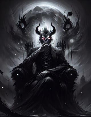 A dark, ominous castle looms in the misty background as the Devil King sits atop a throne of twisted black iron, his piercing red eyes glowing with malevolent intent. His horns curve upwards like scimitars, and his sharp teeth seem to gleam with anticipation. The air is heavy with the scent of brimstone and smoke as he raises one hand, summoning forth a swirling vortex of hellish energy.,Dark king,la+ darkness,DarkTheme,Dark fantasy v2,Jack o 'Lantern,DGQMGirl2,dmnrmr,CharcoalDarkStyle, Dark_Mediaval,h4l0w3n5l0w5tyl3DonMD4rk,Darkness Kitten ,EpicGhost,Ghost mask ,ghostface,ghostfreak,ghost nocturnal,saree,ghostrider,LapisLazuli,Hunter 