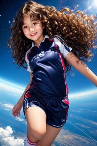 photorealistic,high detail,hyper quality,high resolution,solo,realistic,ultra resolution image,(Wavy hair:1.4),((a 10 years old cute girl)),chubby face,real skin,black_hair,smile,perfect light,sport uniform,full_body,(in the space,flying over the earth),wind,