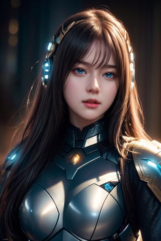 a beautiful young woman wearing detailed sci-fi armor, long flowing wavy hair, cute expression, detailed facial features, cinematic lighting, digital art, concept art, hyper-realistic, 8k, high resolution, masterpiece