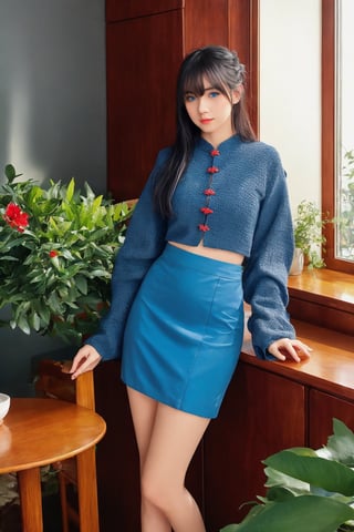 High Quality, Lossless, Clean, Raw, High Quality, Lossless, Clean, Raw, HD, girl, alone, clear lights, bangs in her hair, blue eyes, beautiful girl, perfect body, Color Booster,Realism, 1girl, solo, long hair, looking at viewer, skirt, black hair, hair ornament, long sleeves, standing, flower, indoors, wide sleeves, book, window, chinese clothes, table, plant, book stack