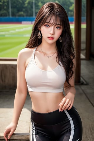 background is stadium,
18 yo, 1 girl, beautiful korean girl, running, wearing leggings(short), 
solo, {beautiful and detailed eyes}, dark eyes, calm expression, delicate facial features, ((model pose)), Glamor body type, (dark hair:1.2),very_long_hair, hair past hip,curly hair,bangs,
simple tiny necklace,simple tiny earrings, flim grain, realhands, masterpiece, Best Quality, 16k, photorealistic, ultra-detailed, finely detailed, high resolution, perfect dynamic composition, beautiful detailed eyes, eye smile, ((nervous and embarrassed)), sharp-focus, full_body, cowboy_shot,midjourney