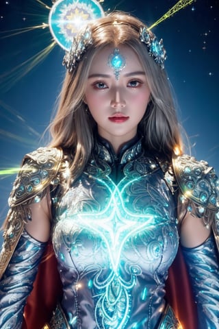 (goddess,venus,iron woman),busty,(Intricate luminous armor design:1.2),white plasma electromagnetic shield,crystal and silver entanglement,Star flash,(Persian Paisley clothes),glowing forehead