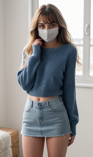 19 years old teen girl , she is a DJ , bright blue eyes , slightly blonde brown hair , front bangs hair , shoulder length wavy messy hair , teen perfect body , shoulder sweater , denim skirt , surgical mask , mask , in the room playing DJ , eal lighting , HD , 4K , full view body , photorealistic , realistic hands