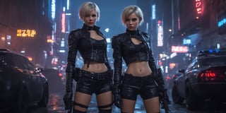 cinematic shot, complete view, 2european girls, short blond hair, blue eyes, looking to the side with a cute smile, Police_leather_clothing, gloves, dark blue gloves, black boots, standing, big gloves, pointy ears, belt, realistic, cyberpunk style, cyberpunk, black_bikini_top, black_bikini_bottom, sexy,night city,Extremely Realistic,Movie Still,RussellJames,background,c_car,