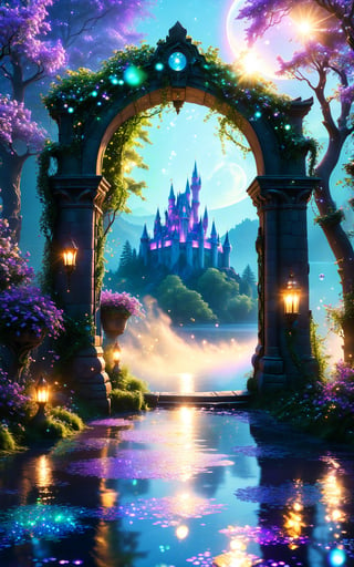 A dreamy and magical scene at night, featuring a mystical forest with lush trees, blooming flowers, and vine-covered archways. In the starlit sky, the moon shines softly, casting a gentle glow on the surroundings. Ethereal beings like fairies and elves dance among the trees, while mysterious animals such as unicorns, butterflies, and owls roam freely. The atmosphere is filled with the shimmer of magic beams, bubbles, and halos, creating a romantic and mysterious ambiance with colors of blue, purple, green, gold, and silver. Add a mysterious castle to the scene with iridescent effects, movie-style lighting, twinkling stars, and a dusting of magical powder. Include a lake that reflects the starlight.