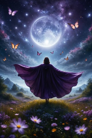 Create an image showing a person with a purple cape, floating in a field of flowers that glow in the dark under a starry sky. The flowers should emit a soft, magical light, while the person extends their arms towards a giant full moon that illuminates the entire scene. Include luminous butterflies fluttering around, adding a touch of fantasy.