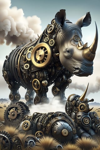 A rhinoceros in african savanna ocean, whit vapor smoke steampunk,  capsules green, made up of countless gears, metals, and circuit boards.,Mechanical,DonMSt34mPXL