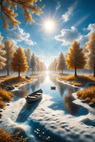 Design a scene where a boat sails on a river of milk under a bright blue sky. Around the river, trees with golden and silver leaves shine in the sunlight.