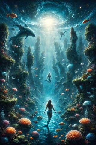 Create an illustration of a person swimming in a crystal lake with mermaids and magical creatures.