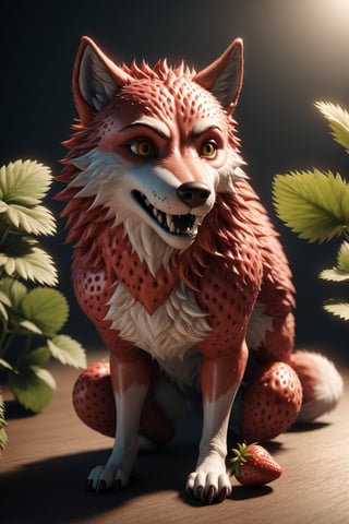 Render a stunning close-up of a strawberry meticulously crafted to resemble a wolf sitting peacefully amidst natural light. The Unreal Engine masterpiece boasts unparalleled quality, featuring a high-resolution 64k image with intricate details. Soft, gentle lighting illuminates the subject's fur-like texture and whisker-like stems, creating an uncanny resemblance to a feline friend. Capture every nuance in this 3D-style illustration, showcasing realistic design elements and perfect details.