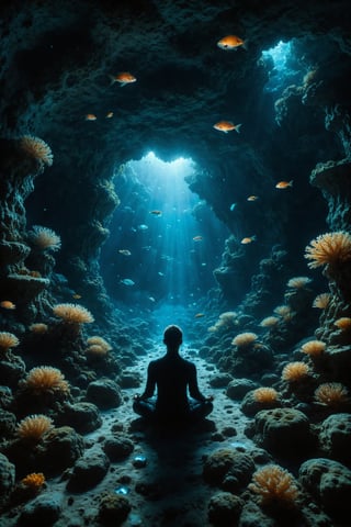 Generate an image of an underwater cave lit by bioluminescent corals. In the center of the cave, a person meditates surrounded by glowing fish.