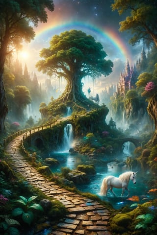 Design a surreal scene with a golden brick path winding through an enchanted forest. On both sides of the path, gigantic trees with bright leaves in emerald and sapphire tones. In the background, an iridescent rainbow forms a bridge to a floating castle in the sky. Include a white unicorn with a shimmering mane bending down to drink from a crystal-clear stream beside the path.