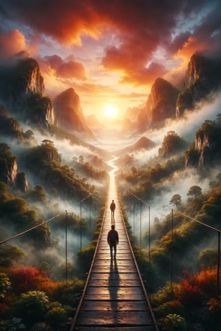 Design an image of a person standing on a bridge made of glass that spans between two tall mountains. The bridge reflects the vibrant colors of a sunset, and beneath it, a lush valley filled with mist can be seen.