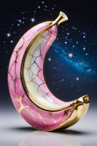Product photo, kintsugi art banana, decorated with starry opal, lacquer style, pink and white, delicate light.