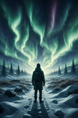 Create an illustration of a person standing in a snowy landscape under a sky filled with the Northern Lights. The snow glistens with a magical glow, and a gentle snowfall adds to the serene, ethereal atmosphere.