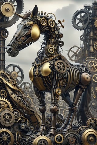 A horse with a deformed head, giant horn cocodrile, and whose body is made up of countless gears, metals, and circuit boards.,Mechanical,DonMSt34mPXL
