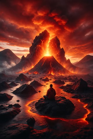 Generate an image of a person sitting on a floating rock in a lava lake, surrounded by erupting volcanoes under a red sky.
