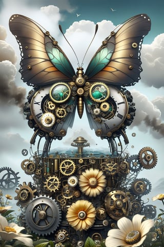 A butterfly in the garden flower ocean, whit vapor smoke steampunk,  capsules green, made up of countless gears, metals, and circuit boards.,Mechanical,DonMSt34mPXL